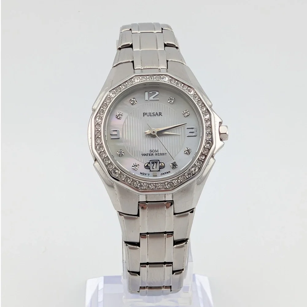 Vintage 2000 Pulsar PXT797 Women's Pinstripe MOP Crystal Bezel Date Watch 28mm